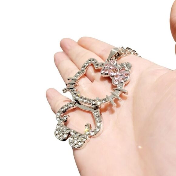 Brand New Silver Rhinestone With Pink Ribbon Hello Kitty Necklace - Picture 5 of 8